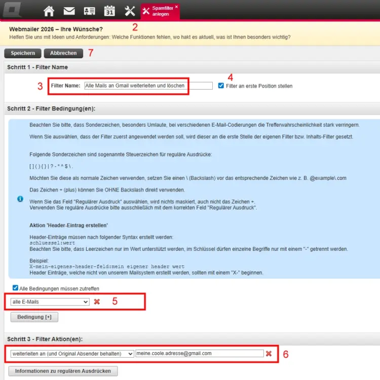 Weiterleitung an Gmail aktivieren - Filter