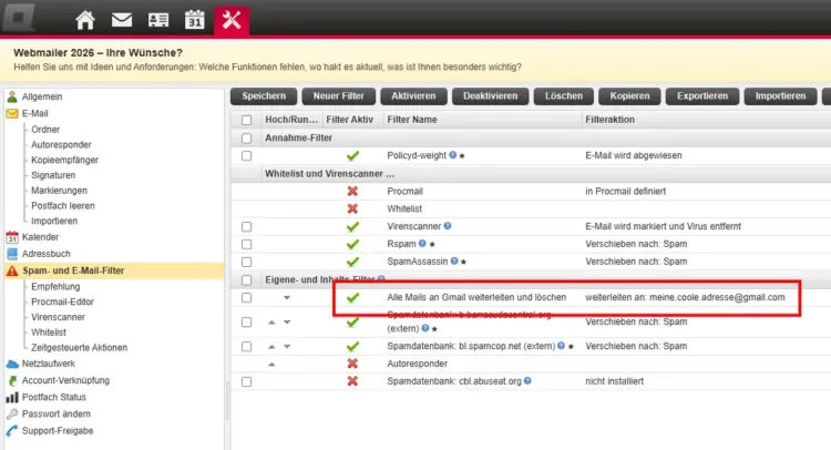 Filter: Alle E-Mails werden an Gmail-Adressse weitergeiltet