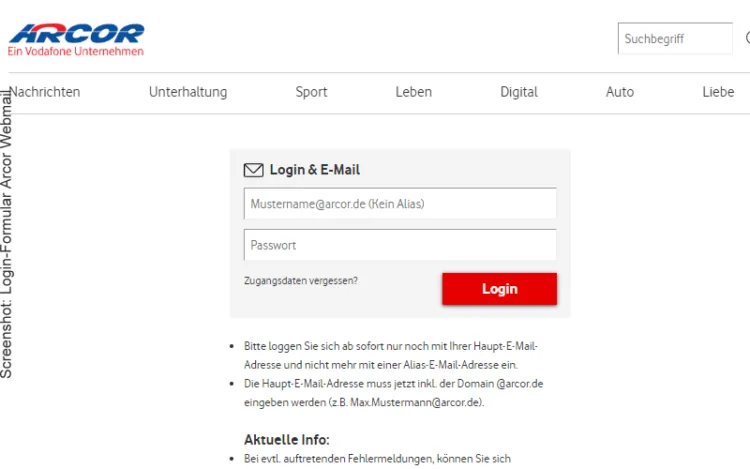 Arcor Webmail Login - Anmeldeformular auf arcor.de