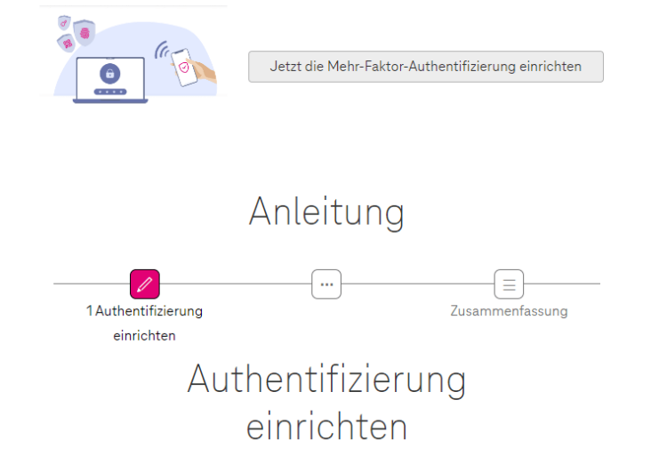 Screenshot: Assistent zur Einrichtung einer Mehr-faktor-Authentifizierung auf der Telekom-Website