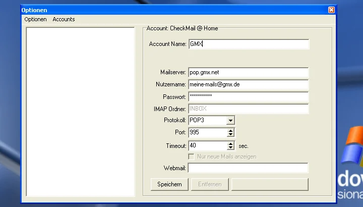 CheckMail: Konto mit Mailserver, Protokoll und Port einrichten