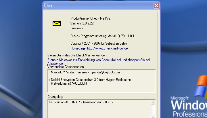 CheckMail V2: Info-Fenster mit Version 2.0.2.22
