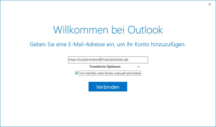 IMAP in Outlook einrichten - Schritt 1: E-Mail-Adresse eingeben