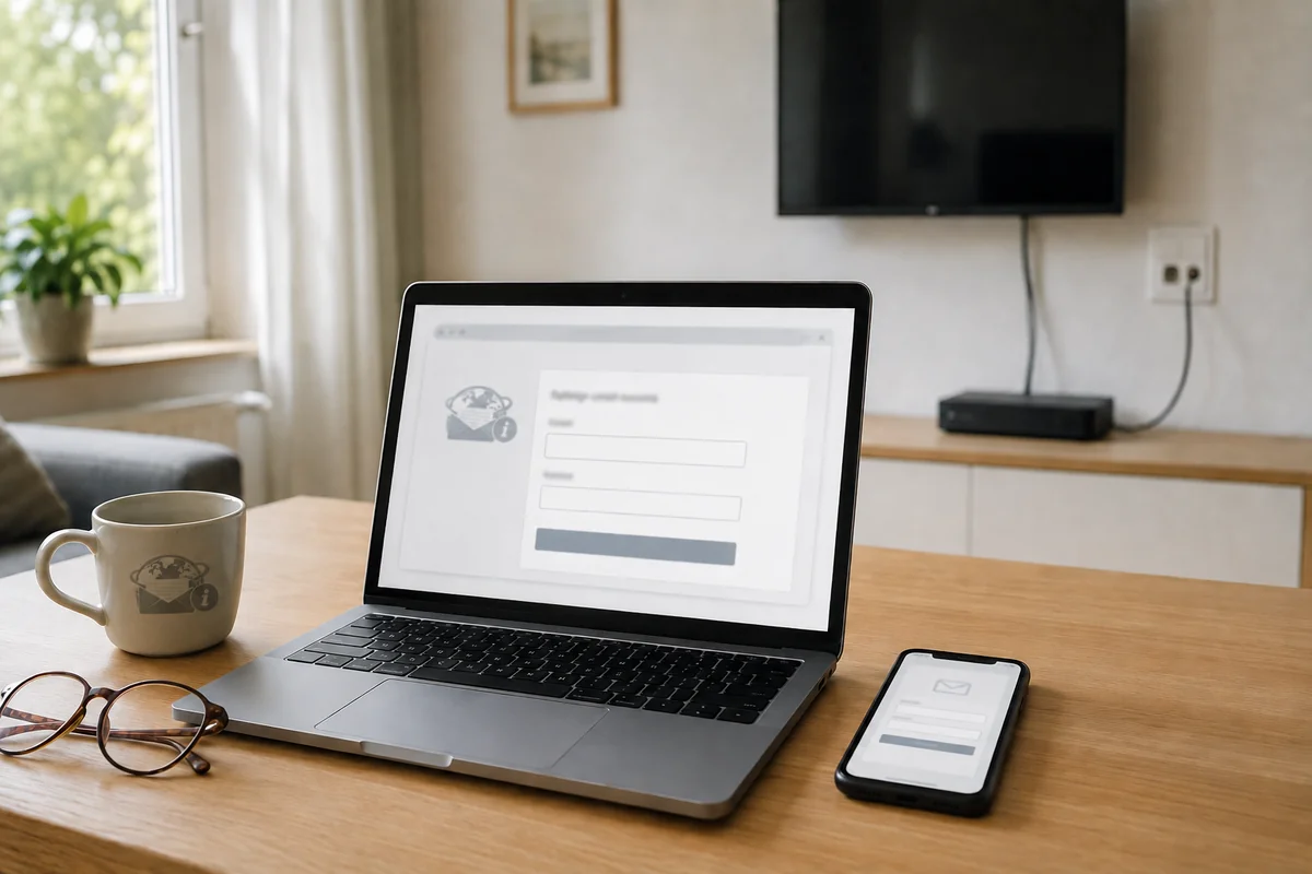 Laptop mit Anmeldemaske für das E-Mail-Postfach auf einem Wohnzimmertisch, im Hintergrund der Kabelanschluss
