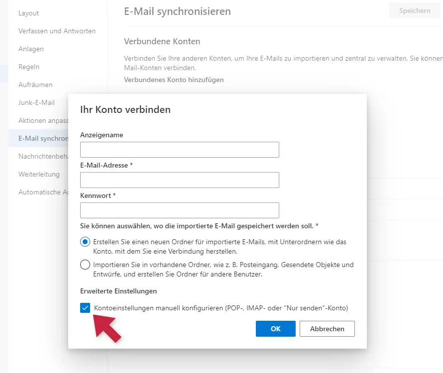Outlook.com - Erweiterte Einstellungen für Connected Account