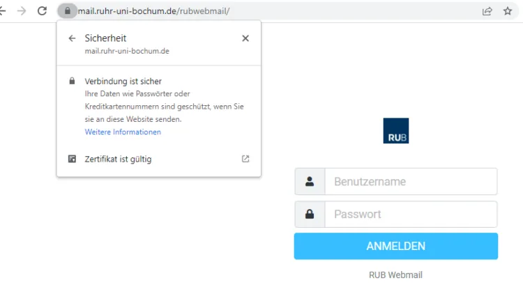 RUB Webmail Login-Seite mit Benutzername und Passwort