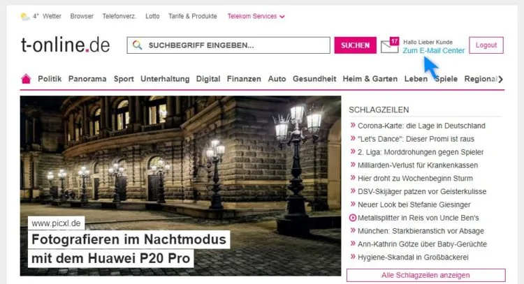 Telekom E-Mail Center - Posteingang nach dem Login