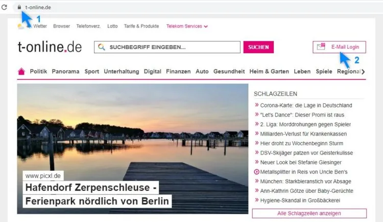 Telekom E-Mail Login auf www.t-online.de - Schaltfläche und Schloss-Symbol für sichere Verbindung
